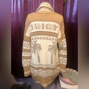 Juicy Couture Palm Trees Long Open Sweater Cardigan Mohair Wool Blend Cream Tan